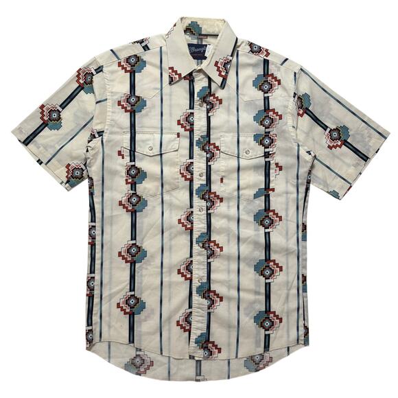 Wrangler Brushpopper Western Aztec Navajo Short Sleeve Pearl Snap Shirt M - Picture 1 of 4